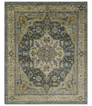 Antique Muted Traditional Heriz Blue ,Beige and Brown Hand knotted Custom made wool Area Rug