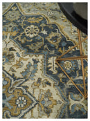 Antique Muted Traditional Heriz Blue ,Beige and Brown Hand knotted Custom made wool Area Rug