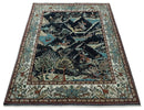 Animal Hunting Rug 8x10 and 9.3x12.4 Wool Black, Rust and Ivory Hand knotted Area Rug, Old style Rug