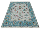 Ivory and Blue Hand knotted Traditional Oushak wool Area Rug