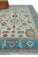 Antique Style Oushak 8x10 Wool Ivory and Blue Vibrant Colorful Hand knotted Area Rug