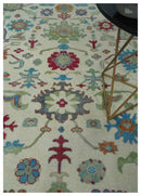Antique Style Oushak 8x10 Wool Ivory and Blue Vibrant Colorful Hand knotted Area Rug