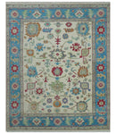 Antique Style Oushak 8x10 Wool Ivory and Blue Vibrant Colorful Hand knotted Area Rug