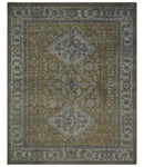Antique Style Hand Knotted 8x10 Olive, Silver and Charcoal Traditional Low Pile Wool Area Rug