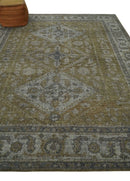 Antique Style Hand Knotted 8x10 Olive, Silver and Charcoal Traditional Low Pile Wool Area Rug
