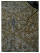 Antique Style Hand Knotted 8x10 Olive, Silver and Charcoal Traditional Low Pile Wool Area Rug