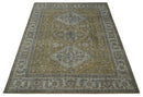 Antique Style Hand Knotted 8x10 Olive, Silver and Charcoal Traditional Low Pile Wool Area Rug