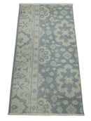 Antique Style Ivory and Charcoal Hand Knotted Traditional Oushak 2x4 wool Bedside Rug