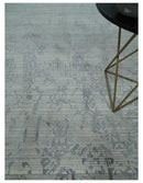 Antique Style transitional 8x11 Beige and Charcoal hand knotted Wool and art silk Area Rug
