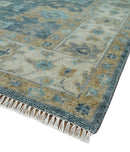 Custom Made Teal and Beige Hand Knotted Oriental Oushak Wool Area Rug
