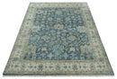Custom Made Teal and Beige Hand Knotted Oriental Oushak Wool Area Rug