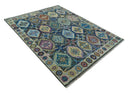 Antique look Charcoal And beige Hand knotted Custom Made wool Area Rug