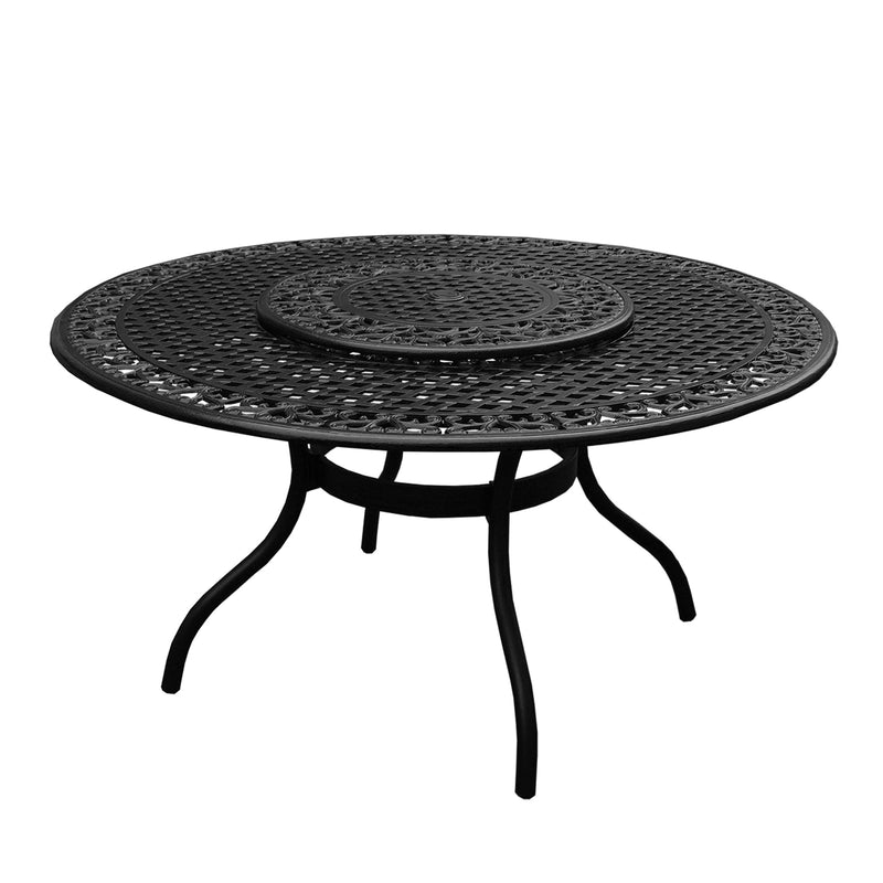 Aluminum 7pc Black Round Patio Dining Set, Lazy Susan, Six Chairs