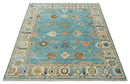 Aqua Blue and Ivory 8x10 Hand Knotted Wool Traditional Oushak Area Rug