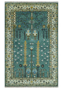 Aqua Hand Knotted Green and Ivory Traditional Turkish Vintage Style Wool Rug