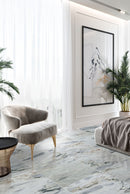 aqua white marble 24x24 polished installed on bright bedroom floor wide view