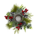 10” Evergreen Pine and Red Berries Artificial Christmas Candelabrum with Decorative Bows