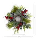 10” Evergreen Pine and Red Berries Artificial Christmas Candelabrum with Decorative Bows