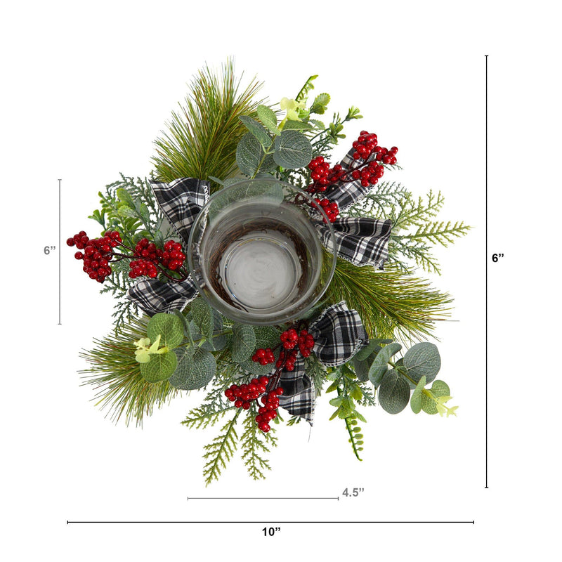 10” Evergreen Pine and Red Berries Artificial Christmas Candelabrum with Decorative Bows