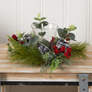 10” Evergreen Pine and Red Berries Artificial Christmas Candelabrum with Decorative Bows