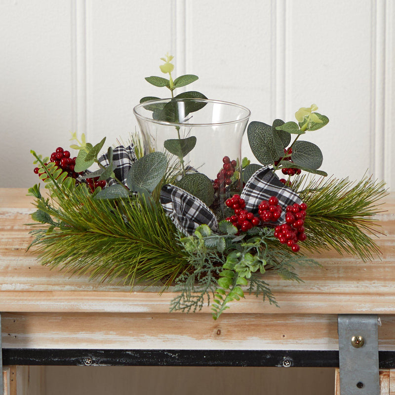 10” Evergreen Pine and Red Berries Artificial Christmas Candelabrum with Decorative Bows