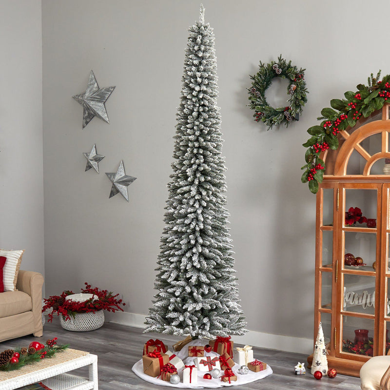 10’ Flocked Pencil Artificial Christmas Tree with 700 Clear Lights and 1145 Bendable Branches