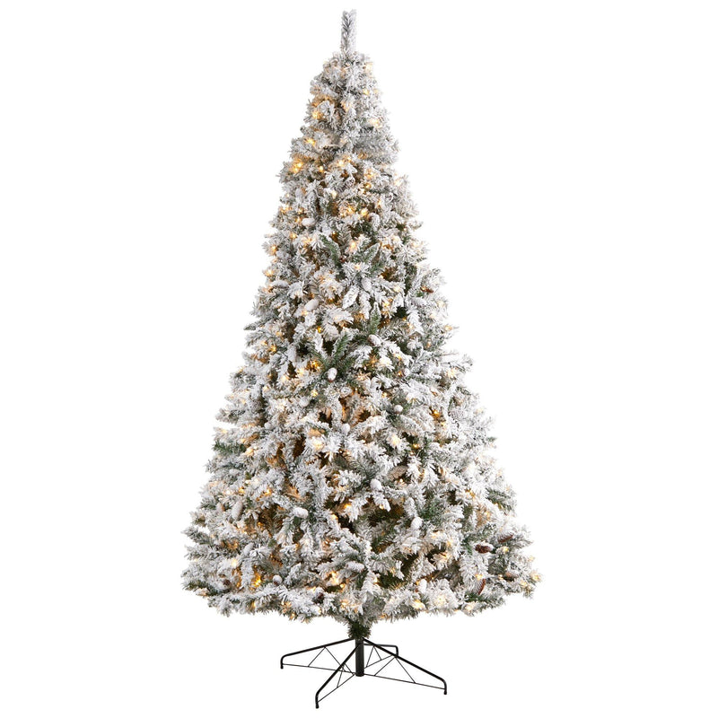 10' Flocked White River Mountain Pine Christmas Tree with Pinecones and 800 Clear LED Lights