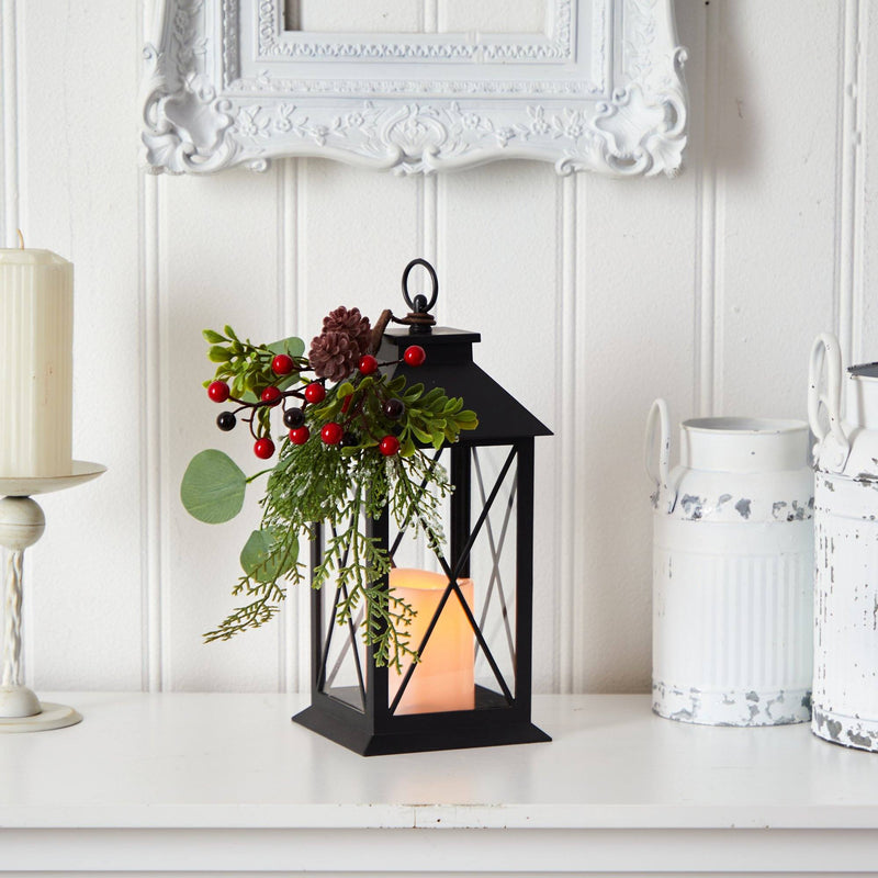 12" Holiday Berries and Greenery Metal Lantern Table Christmas Arrangement with LED Candle Included"