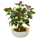 14” Variegated Holly Leaf Artificial Plant in Gold and Cream Elegant Vase (Real Touch)