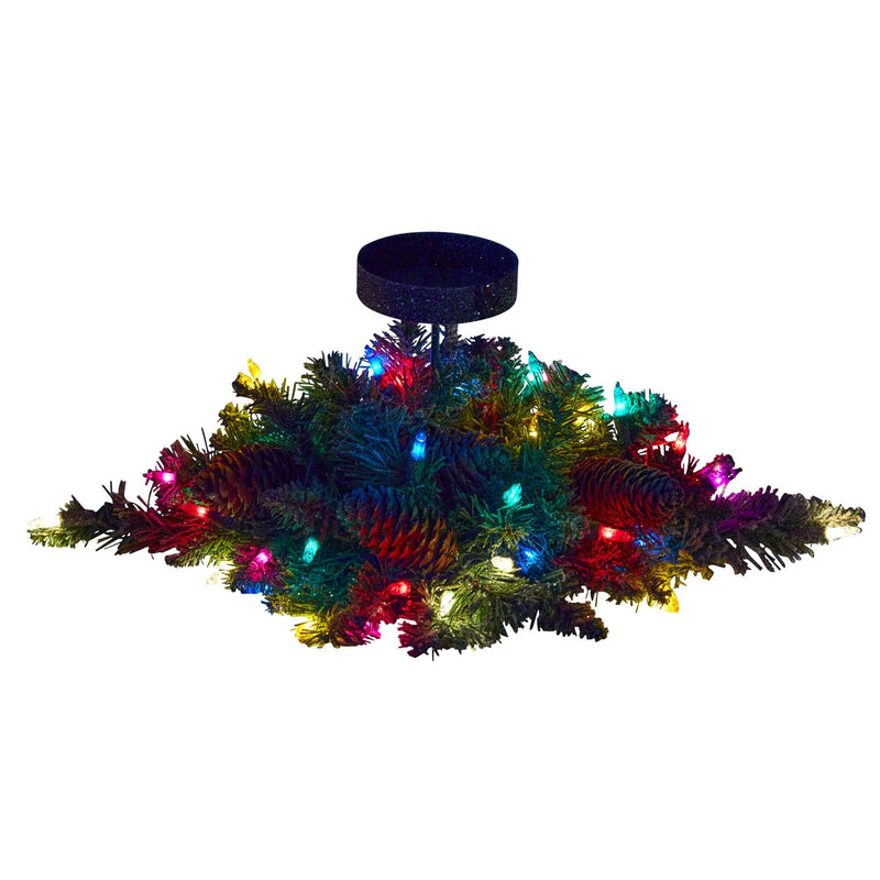 16” Flocked Artificial Christmas Pine Candelabrum with 35 Multicolored Lights and Pine Cones