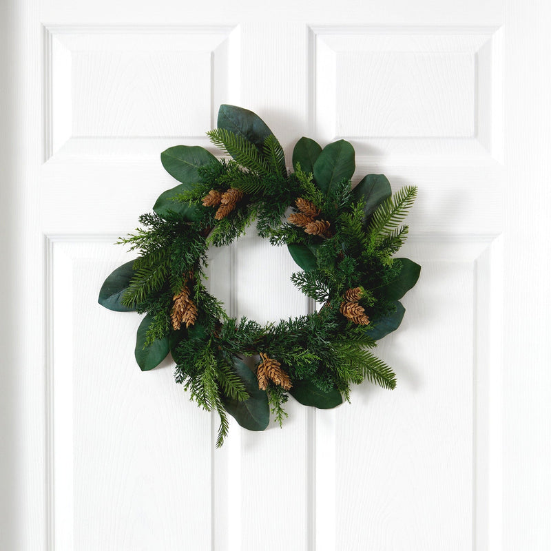 16” Magnolia Leaf and Mixed Pine Artificial Wreath with Pine Cones