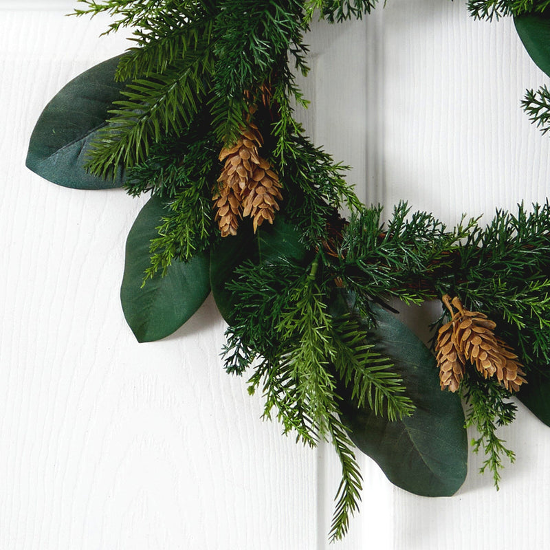 16” Magnolia Leaf and Mixed Pine Artificial Wreath with Pine Cones