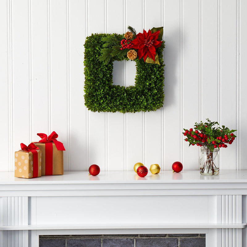 16” Tea Leaf and Poinsettia Artificial Square Wreath