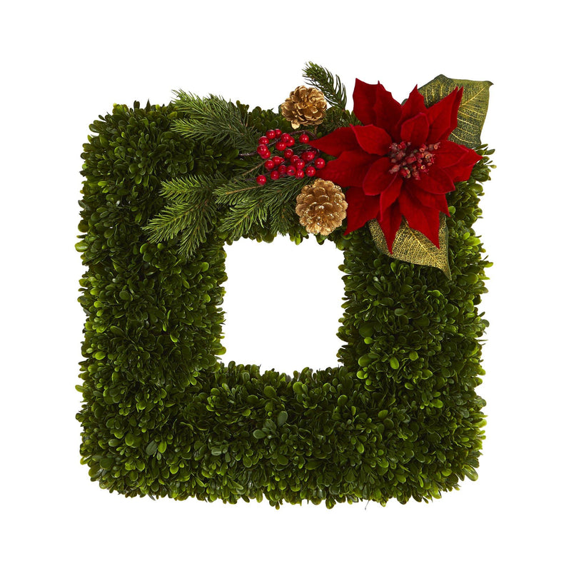 16” Tea Leaf and Poinsettia Artificial Square Wreath