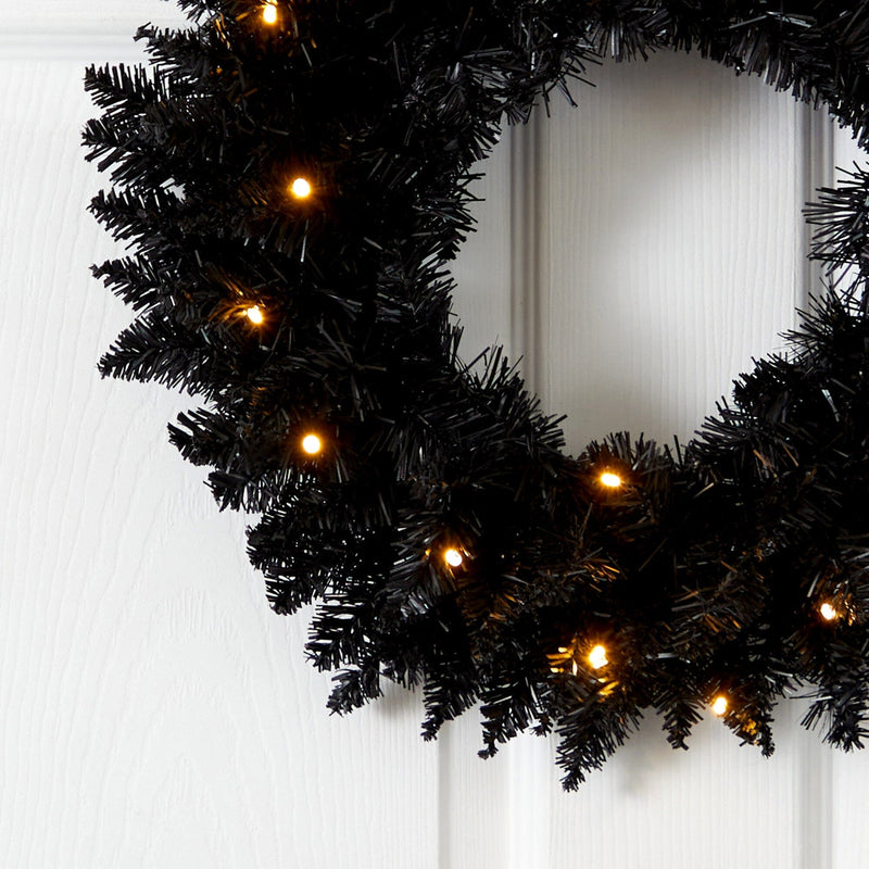 18” Black Artificial Wreath with 20 Warm White LED Lights