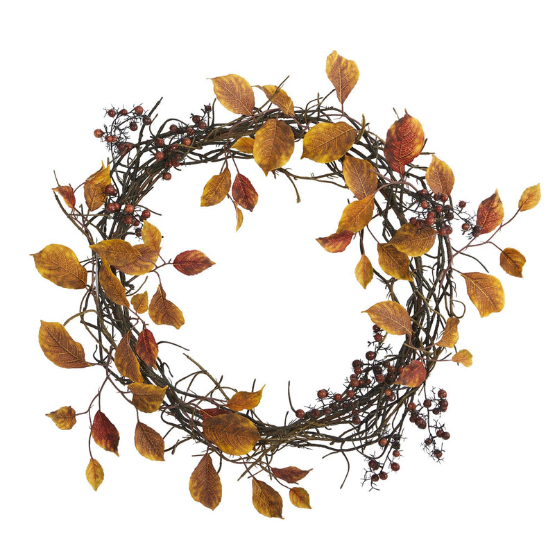 19” Harvest Leaf, Berries  and Twig Artificial Wreath