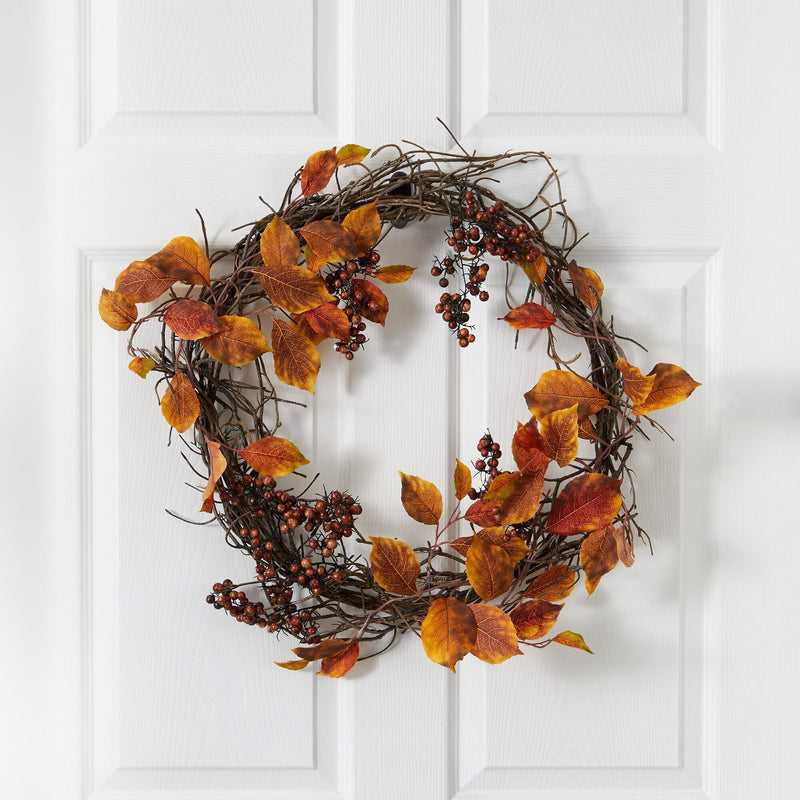 19” Harvest Leaf, Berries  and Twig Artificial Wreath