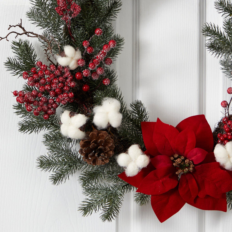 19” Poinsettia with Berries and Cotton Artificial Wreath