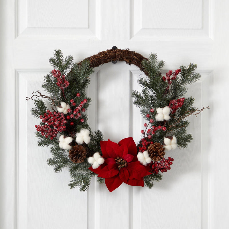 19” Poinsettia with Berries and Cotton Artificial Wreath