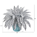 21” Metallic Silver Boston Fern Artificial Plant in Turquoise Planter with Silver Trimming