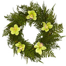 24” Cymbidium Orchid and Mixed Fern Artificial Wreath