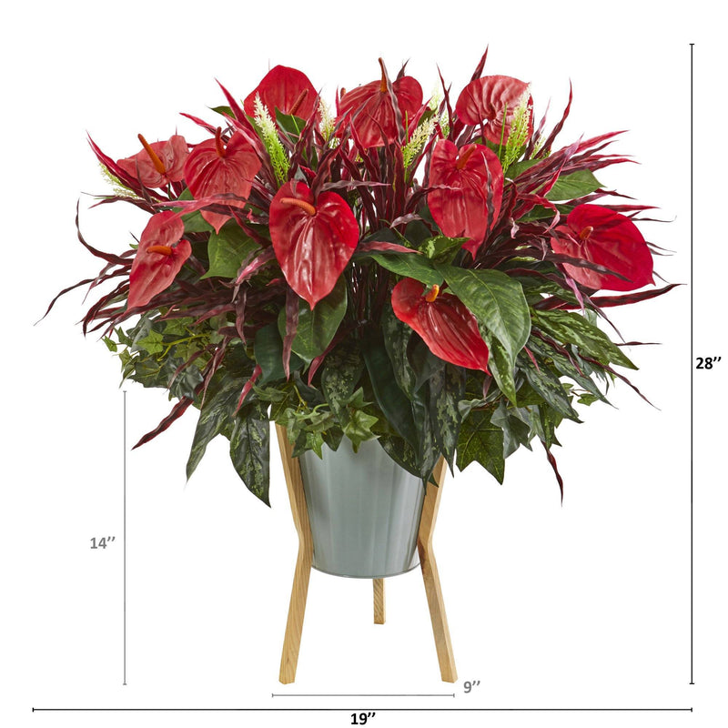 anthurium artificiel 28” Mixed Anthurium Artificial Plant in Green Planter with Stand