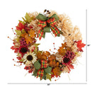 30” Harvest Autumn Sunflower, Maple Leaves and Berries Artificial Fall Wreath with Decorative Bows