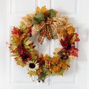 30” Harvest Autumn Sunflower, Maple Leaves and Berries Artificial Fall Wreath with Decorative Bows