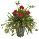 32” Mixed Anthurium and Spider Artificial Plant in Decorative Tin Planter