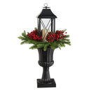 33” Holiday Greenery, Berries and Pinecones in Decorative Urn with Large Lantern