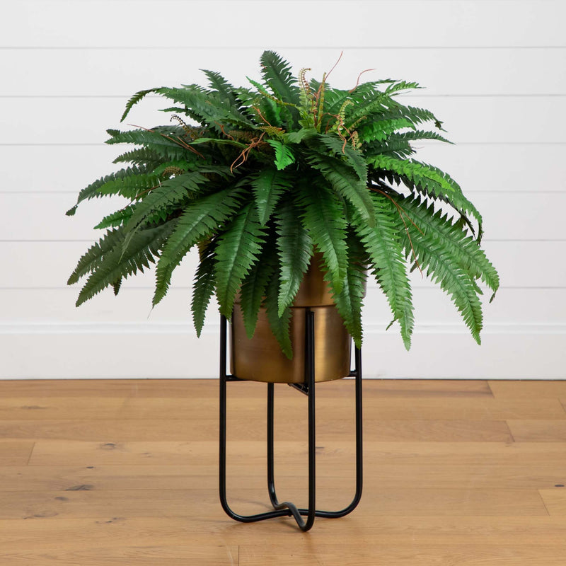 fern plant hanger 35” Artificial Boston Fern in Brass Metal Planter with Stand