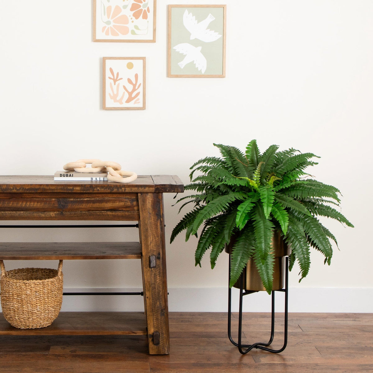 fern plant stand indoor 35” Artificial Boston Fern in Brass Metal Planter with Stand