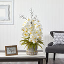 35” Phalaenopsis Orchid and Fern Artificial Arrangement in Stoneware Vase with Gold Trimming