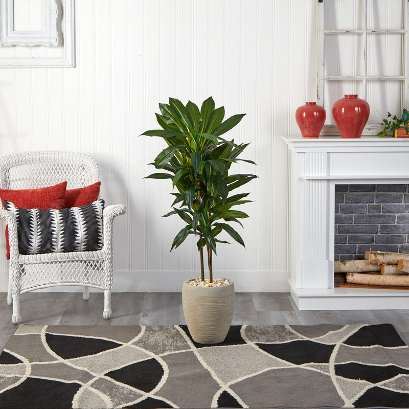 Nearly Natural 4-ft Dracaena Artificial Plant in Sand Colored Planter (Real Touch)